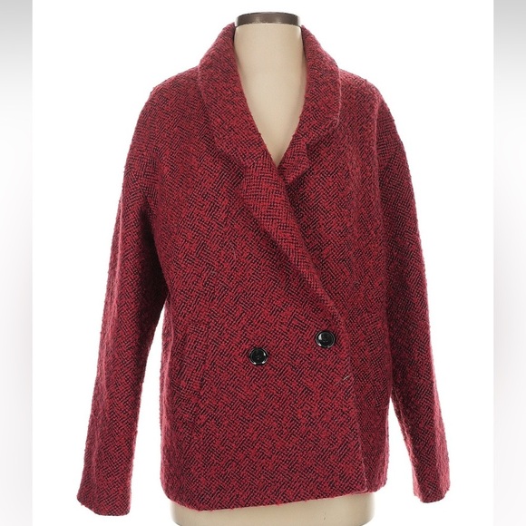 Vintage Express Wool Y2K Red Black Heathered Tweed Pea Coat Jacket Size Small S - Picture 6 of 6